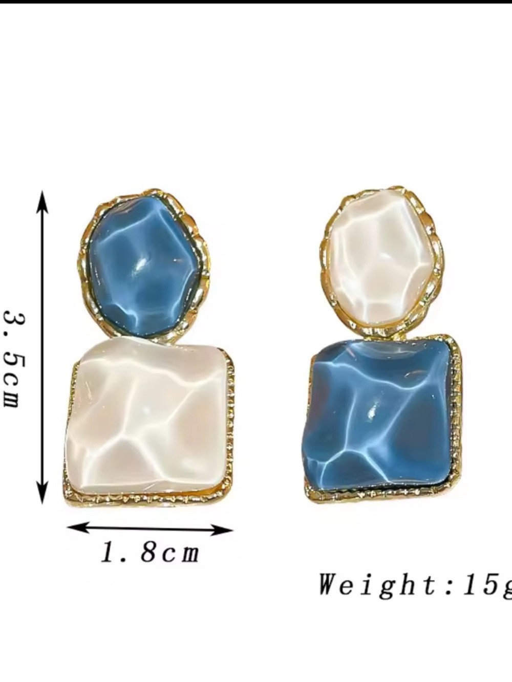 Vitage Gold-Trim Blue & white Cream Marble Geometric Drop Earrings - Picture 3 of 4
